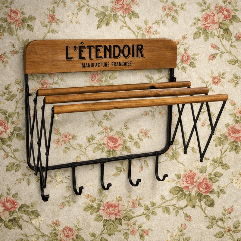 Fransk retro tørkestativ / garderobehylle i tre og metall
